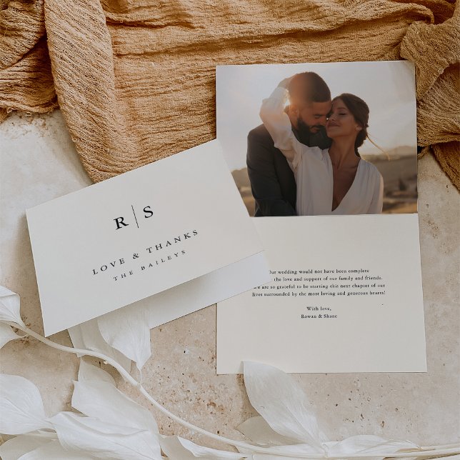 Classic Black & Ecru Monogram Wedding Photo Thank You Card (Creator Uploaded)