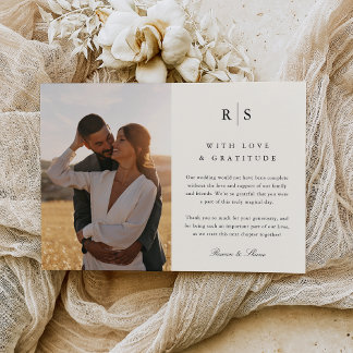 Classic Black & Ecru Monogram Wedding Photo Thank You Card
