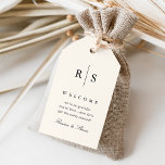 Classic Black & Ecru Monogram Wedding Welcome Gift Tags<br><div class="desc">Elegant wedding monogram design features your initials in classic black serif lettering bisected by a thin vertical line on a warm ivory ecru background. Customize with three editable text fields; shown with a welcome message,  making these tags the perfect finishing touch to your destination wedding welcome bags.</div>