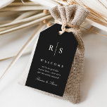 Classic Black & Ecru Monogram Wedding Welcome Gift Tags<br><div class="desc">Elegant wedding monogram design features your initials in classic ivory ecru serif lettering bisected by a thin vertical line on a rich black background. Customize with three editable text fields; shown with a welcome message,  making these tags the perfect finishing touch to your destination wedding welcome bags.</div>