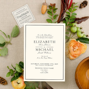 Classic Black & Ecru Script Elegant Wedding Invitation