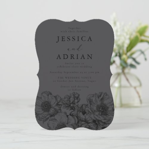 Classic Black & Elegant Gray Line Art Wedding Invitation