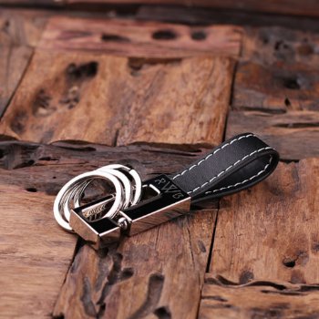 Classic Black Engraved Monogram Leather Keychain by tealsprairie at Zazzle