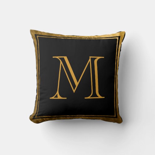 Classic Black Faux Gold Foil Monogram Throw Pillow