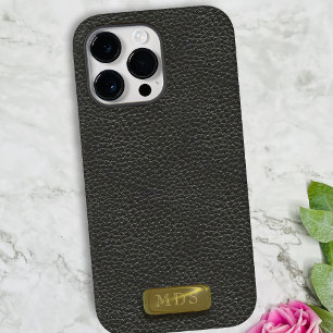 Classic Black Faux Leather Gold Monogram iPhone 15 Pro Case