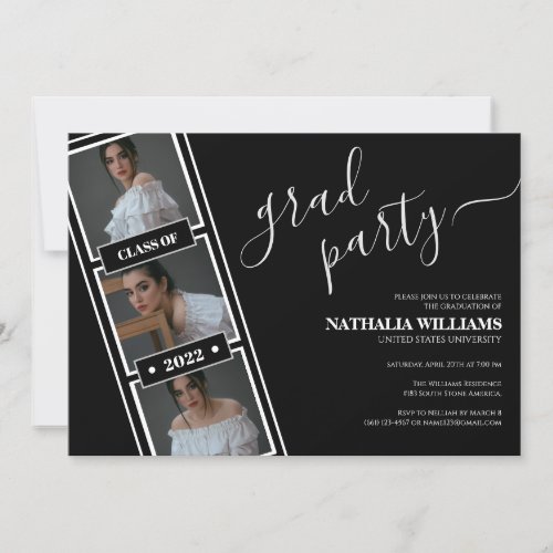 Classic Black Filmstrip Photo Collage Graduation Invitation