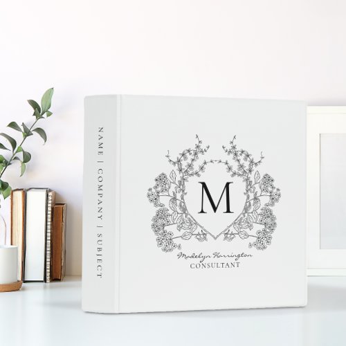 Classic Black Floral Crest Monogram Office School 3 Ring Binder