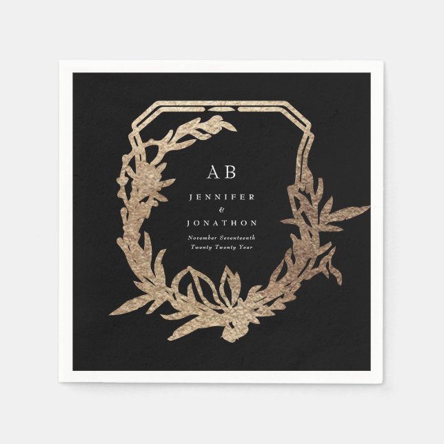 classic black florals gold motif monogram wedding napkins (Front)