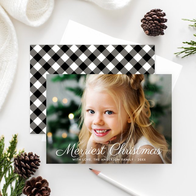 Classic Black Gingham Merriest Christmas Photo Holiday Card (Creator Uploaded)