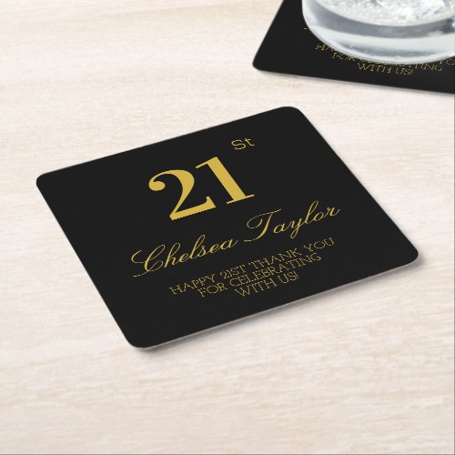 Classic Black  Gold 21st Birthday Confetti Party Square Paper Coaster