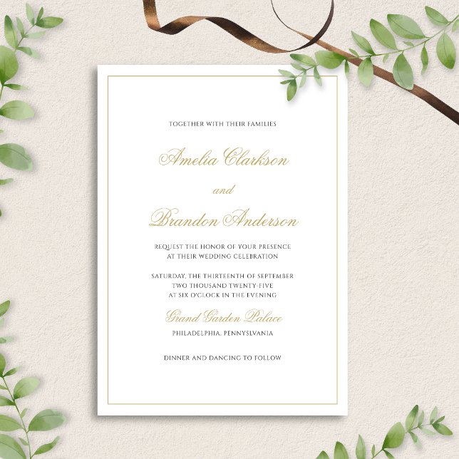 Classic Black & Gold Border Formal Script Wedding Invitation (Creator Uploaded)