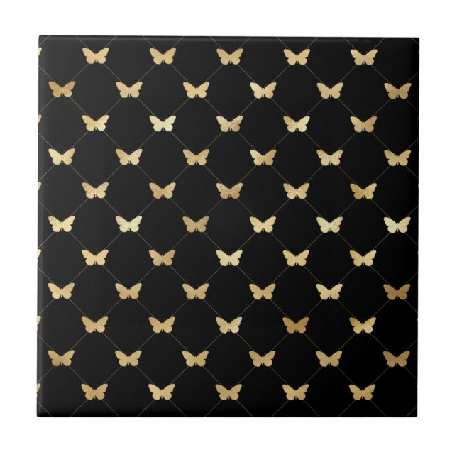 Classic Black Gold Butterflies Illustration Ceramic Tile (Front)