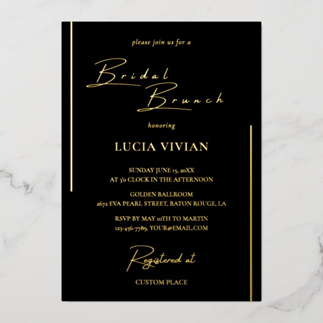Classic Black & Gold Calligraphy Bridal Brunch Foil Invitation (Front)