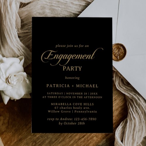 Classic Black Gold Calligraphy Engagement Party Invitation
