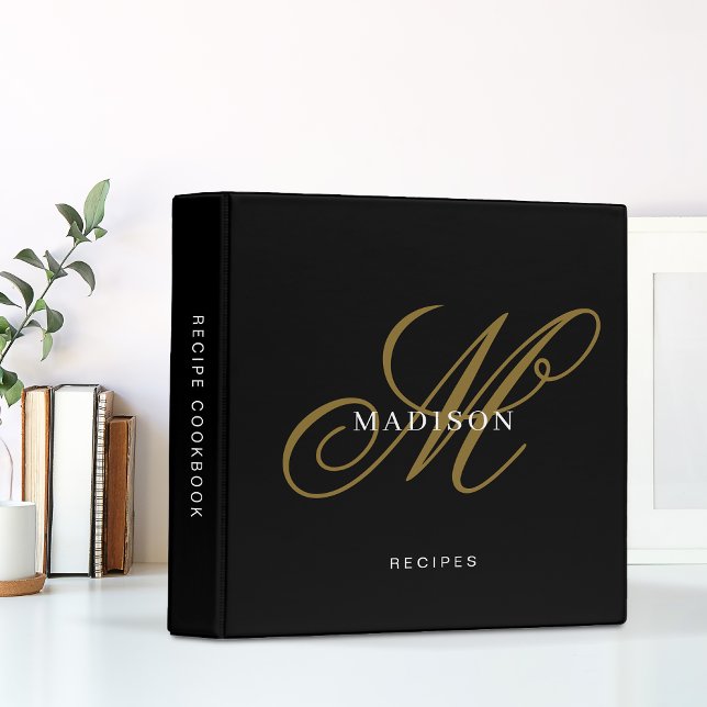 Classic Black Gold Calligraphy Recipe Monogram 3 Ring Binder (Creator Uploaded)