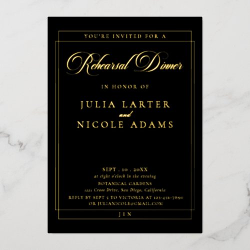 Classic Black Gold Calligraphy Rehearsal Dinner Foil Invitation