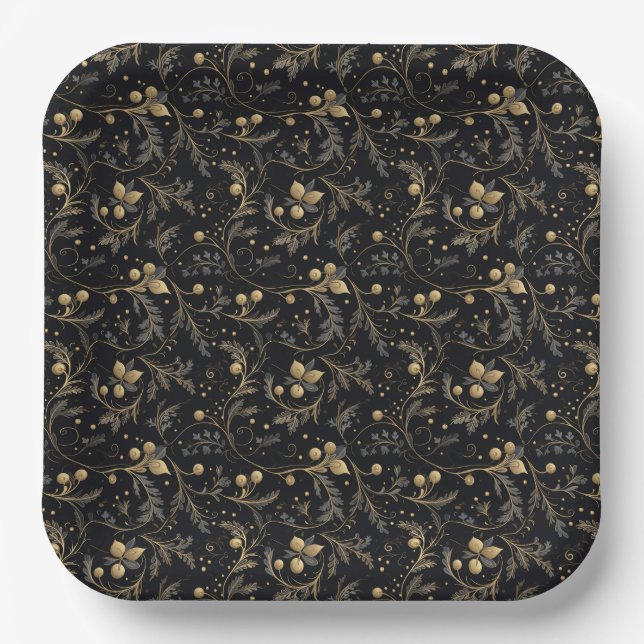 Classic Black & Gold Christmas Paper Plates (Front)