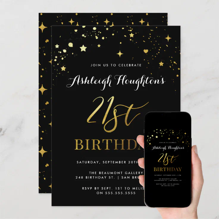 Classic Black & Gold Confetti 21st Birthday Invitation 