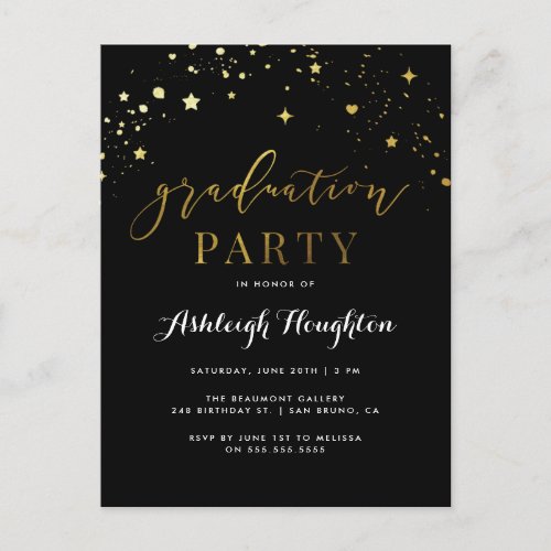 Classic Black  Gold Confetti Graduation Party Invitation Postcard