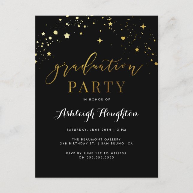 Classic Black & Gold Confetti Graduation Party Invitation Postcard (Front)
