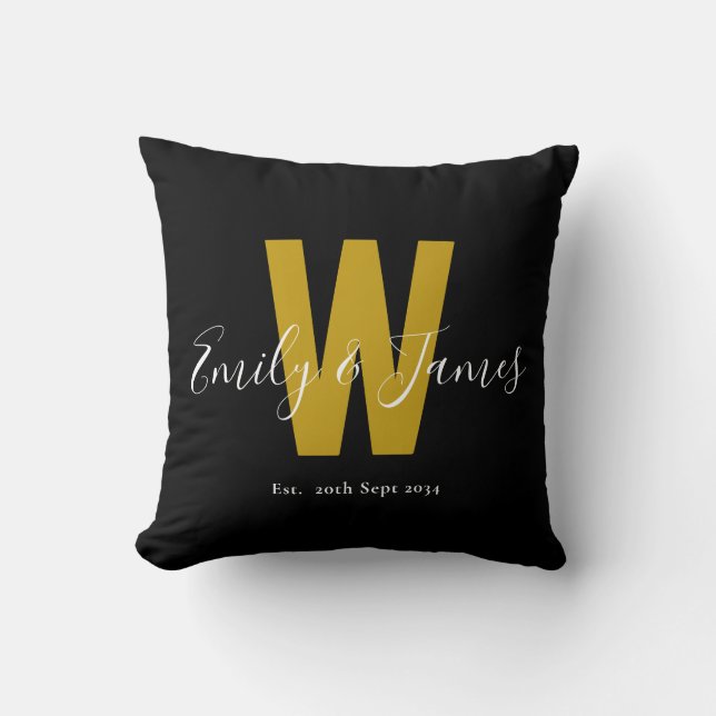 Classic Black Gold Couple Date Monogram Throw Pillow (Front)