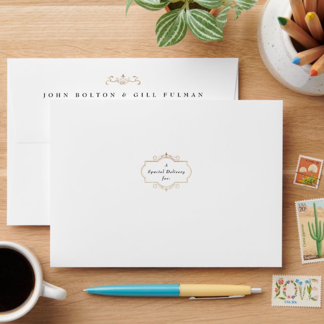 classic black gold crest return address wedding envelope (Desk)