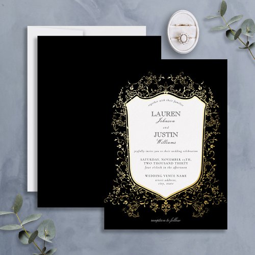 Classic Black  Gold Crest Wedding Foil Invitation