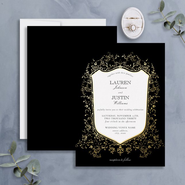 Classic Black & Gold Crest Wedding Foil Invitation (Creator Uploaded)