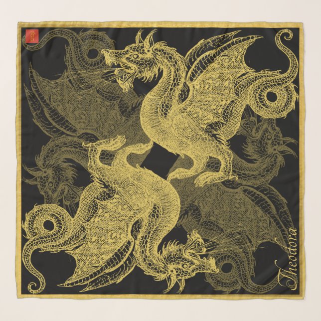 Classic Black Gold Dragon  Scarf (Front)