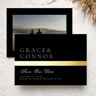 Classic Black Gold Foil Stripe Photo Save The Date Invitation