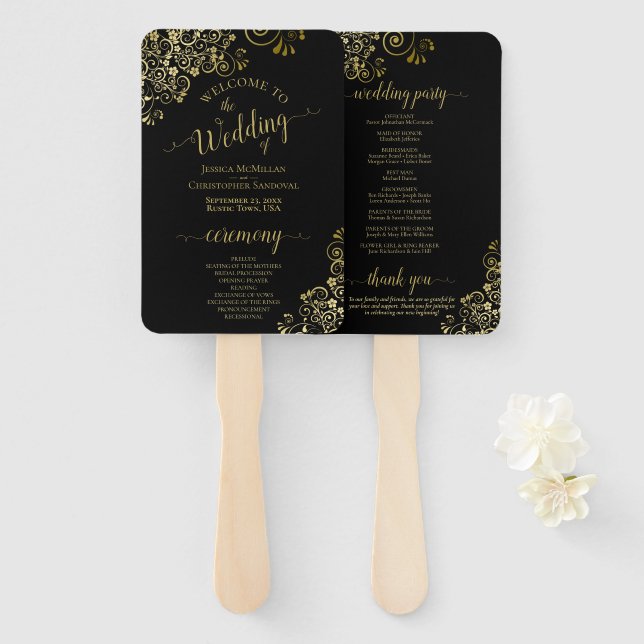 Classic Black & Gold Lace Elegant Wedding Program Hand Fan (Front and Back)