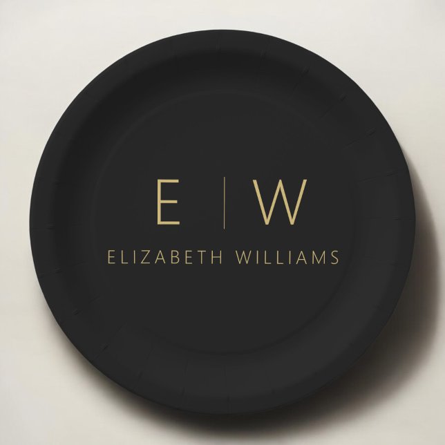 Classic Black Gold Minimalist Black Monogram Paper Plates (Creator Uploaded)