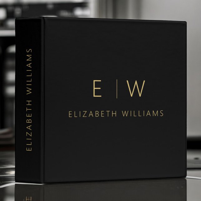 Classic Black Gold Minimalist Monogram Name 3 Ring Binder (Creator Uploaded)