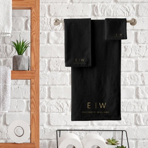 Classic Black Gold Minimalist Monogram Name Bath Towel Set