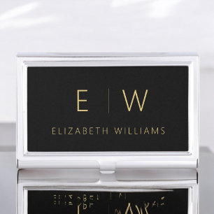 Classic Black Gold Minimalist Monogram Name Business Card Case
