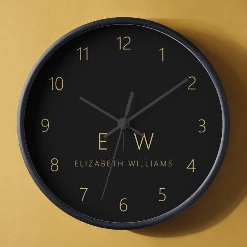 Classic Black Gold Minimalist Monogram Name Clock