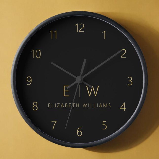 Classic Black Gold Minimalist Monogram Name Clock (Creator Uploaded)