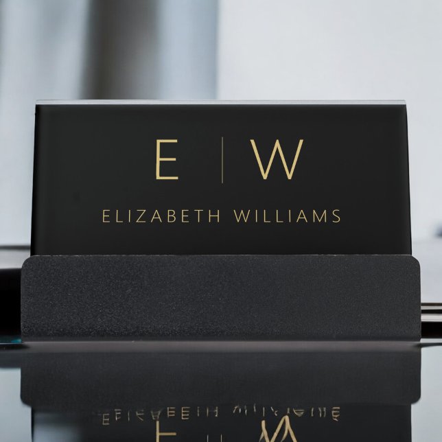 Classic Black Gold Minimalist Monogram Name Desk Business Card Holder (Creator Uploaded)