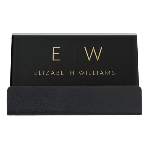 Classic Black Gold Minimalist Monogram Name Desk Business Card Holder