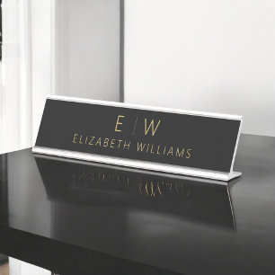 Classic Black Gold Minimalist Monogram Name Desk Name Plate