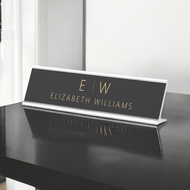 Classic Black Gold Minimalist Monogram Name Desk Name Plate (Creator Uploaded)