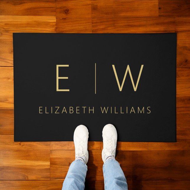 Classic Black Gold Minimalist Monogram Name Doormat (Creator Uploaded)