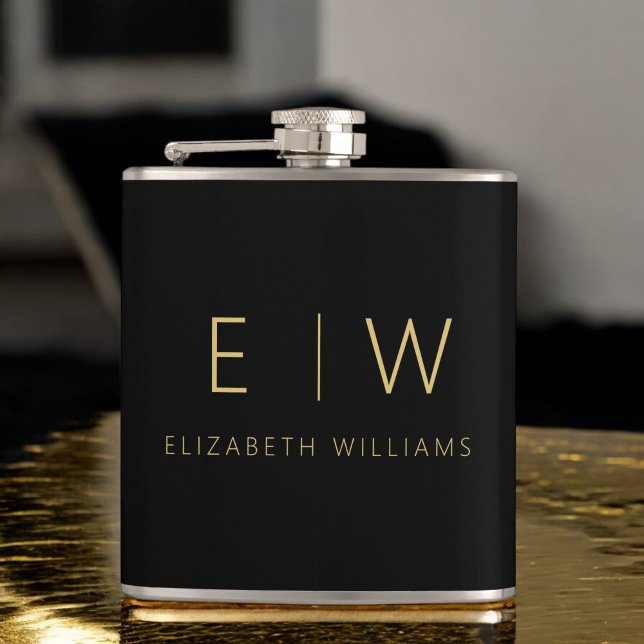 Classic Black Gold Minimalist Monogram Name Flask (Creator Uploaded)