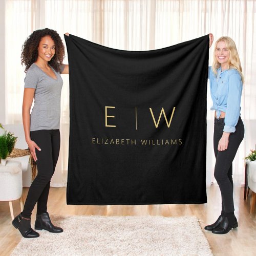 Classic Black Gold Minimalist Monogram Name Fleece Blanket