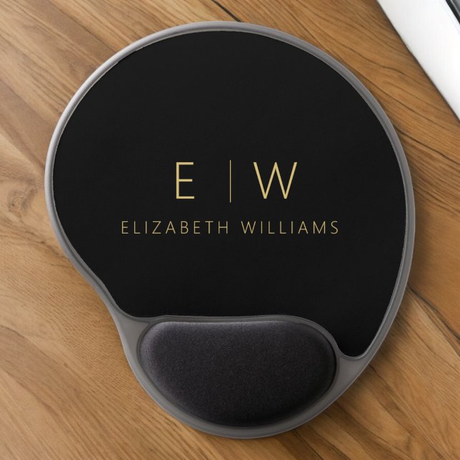Classic Black Gold Minimalist Monogram Name Gel Mouse Pad (Creator Uploaded)