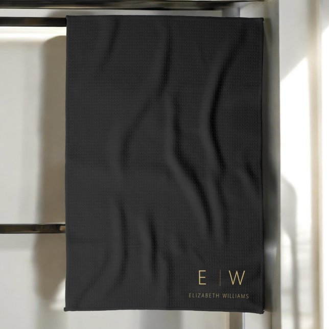 Classic Black Gold Minimalist Monogram Name Kitchen Towel (Creator Uploaded)