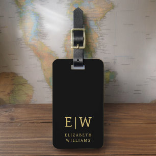 Classic Black Gold Minimalist Monogram Name Luggage Tag