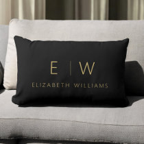 Classic Black Gold Minimalist Monogram Name Lumbar Pillow