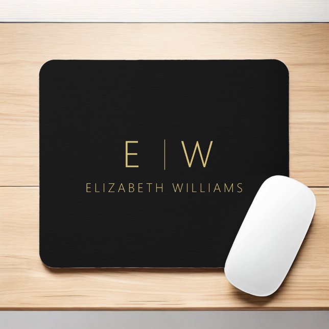 Classic Black Gold Minimalist Monogram Name Mouse Pad (Creator Uploaded)