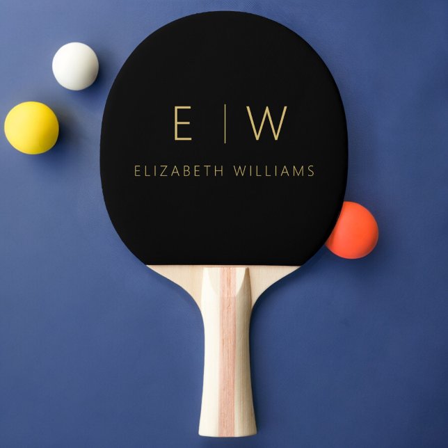 Classic Black Gold Minimalist Monogram Name Ping Pong Paddle (Creator Uploaded)